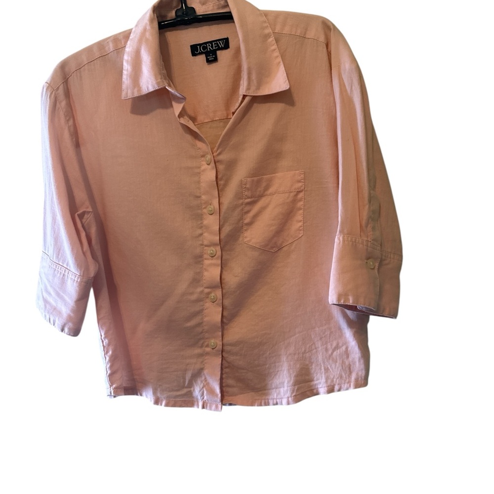 J Crew Top Womens Sz 0 Cropped 3/4 Sleeves Pink Button Up Cotton Collar Blouse